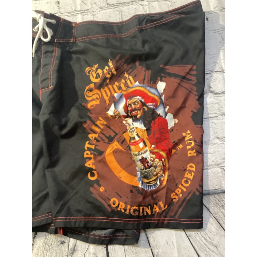 Captain Morgan Mens Board Shorts Black Get Spiced Graphic Swim Trunks Size 38
